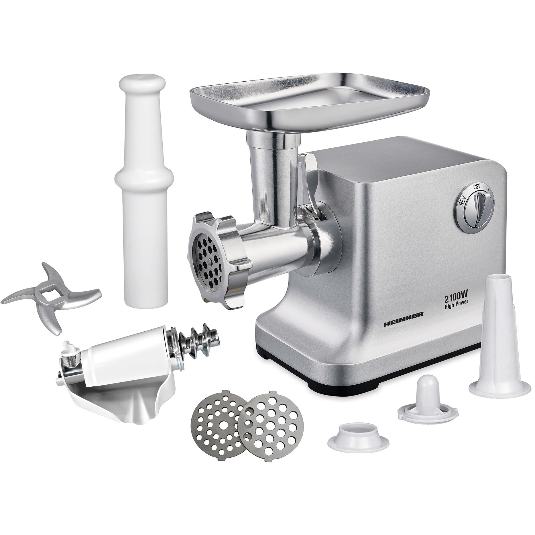 Masina de tocat Heinner MG-2100SS, 2100W, Accesoriu rosii, Accesoriu carnati, Cutit si site inox, Silver